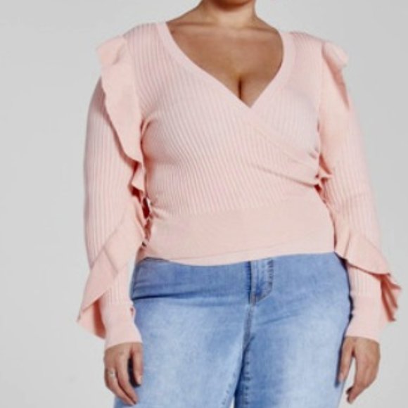 Fashion to Figure Sweaters - FTF Pink Dahlia Ruffle Detail Wrap Sweater Size 2 (18/20)